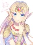  blue_eyes dress earrings highres jewelry looking_at_viewer one_eye_closed pink_shirt pointy_ears princess_zelda shirt simple_background smile smirk super_smash_bros. super_smash_bros._ultimate the_legend_of_zelda the_legend_of_zelda:_a_link_between_worlds tiara yasaikakiage 