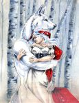  anthro blue_eyes breasts canine clothed clothing duo female fur hair heather_bruton hug human little_red_riding_hood little_red_riding_hood_(copyright) male male/female mammal nude outside tree white_fur white_hair winter wolf 