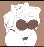  2018 amanda_fairhart anthro belly big_belly big_breasts big_ears bra breasts cleavage clothed clothing digital_media_(artwork) elephant eyebrows female gin-blade hands_behind_head hi_res huge_breasts looking_at_viewer mammal overweight overweight_female panties solo strapless_bra tail_tuft thick_thighs trunk tuft underwear voluptuous wide_hips 