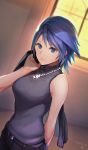  2018 aqua_(kingdom_hearts) arm_behind_back bare_arms bare_shoulders belt belt_buckle black_belt blue_eyes blue_hair breasts buckle commentary_request dated eyebrows_visible_through_hair glint gogo_(detteiu_de) highres jewelry kingdom_hearts kingdom_hearts_birth_by_sleep large_breasts necklace over_shoulder parted_lips pink_lips purple_shirt shirt short_hair signature sleeveless sleeveless_shirt solo sparkle turtleneck window 