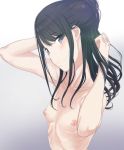  absurdres arms_behind_head bangs black_hair blue_eyes blush breasts collarbone commentary_request eyebrows_visible_through_hair hands_up highres idolmaster idolmaster_shiny_colors kazano_hiori long_hair looking_at_viewer mole mole_under_mouth nipples nude open_mouth ponytail q_(ed69) small_breasts solo swept_bangs 