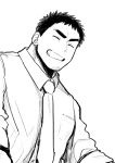  black_hair closed_eyes collared_shirt commentary eyebrows facial_hair greyscale grin highres monochrome necktie salaryman senpai_ga_uzai_kouhai_no_hanashi shiromanta shirt short_hair smile solo stubble takeda_harumi_(shiromanta) 