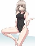  arm_behind_back arm_support bangs black_swimsuit blue_eyes blush commentary_request competition_swimsuit covered_navel emblem eyebrows_visible_through_hair frown gesture girls_und_panzer groin highleg highleg_swimsuit highres itsumi_erika leg_up long_hair looking_at_viewer muchabou one-piece_swimsuit open_mouth silver_hair sitting solo swimsuit 