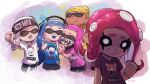  3girls aggressive_retsuko bandana bandana_over_mouth beanie blonde_hair blue_hair cinnamoroll clenched_hand closed_eyes fangs grey_shirt hands_on_own_cheeks hands_on_own_face hat headphones heart hello_kitty hello_kitty_(character) inkling multiple_boys multiple_girls my_melody no_pupils octarian octoling onegai_my_melody pink_hair pink_shirt red_hair retsuko sanrio shirt short_hair shorts splatoon_(series) splatoon_2 stup-jam tentacle_hair white_hair white_shirt 