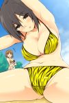  2girls animal_print bangs bear_print bikini blush boko_(girls_und_panzer) bow_bikini breasts brown_bikini brown_eyes brown_hair cleavage cloud cloudy_sky commentary crotch_seam day eyebrows_visible_through_hair frilled_bikini frills girls_und_panzer groin half-closed_eyes kuku123 large_breasts leaning_forward lens_flare looking_at_another medium_breasts multiple_girls navel nishizumi_maho nishizumi_miho open_mouth outdoors parted_lips print_bikini short_hair sitting sky smile standing stretch sweatdrop swimsuit tiger_stripes tree yellow_bikini 