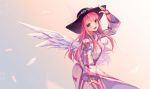  angel_wings armor bangs blue_eyes commission dress hat hyanna-natsu long_hair long_sleeves looking_at_viewer open_mouth original pink_hair smile straight_hair upper_body wings 