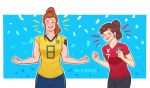  2018_fifa_world_cup 2girls ^_^ absurdres blush brigitte_(overwatch) brown_hair d.va_(overwatch) eyes_closed happy highres multiple_girls muscle open_mouth overwatch ponytail smile soccer soccer_uniform south_korea standing sweden teeth tongue world_cup 