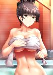  alternate_hair_length alternate_hairstyle bangs bath bow breasts closed_mouth collarbone commentary covering covering_breasts frown girls_und_panzer hair_up half_updo head_tilt highres holding holding_towel large_bow looking_at_viewer mature miraino_tsubasa naked_towel nishizumi_shiho onsen short_hair solo standing steam towel upper_body 