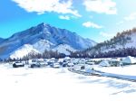  blue_sky building cloud commentary_request day highres house mountain no_humans original outdoors power_lines revision road road_sign rural scenery sign sky snow tree village winter 