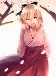  :d ahoge arms_behind_back bangs black_bow blonde_hair bow cherry_blossoms fate/grand_order fate_(series) guri1105 hair_bow hakama highres japanese_clothes kimono leaning_forward okita_souji_(fate) okita_souji_(fate)_(all) open_mouth pink_kimono red_hakama smile solo standing yellow_eyes 