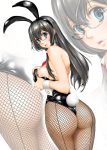  animal_ears ass back bangs bare_shoulders bespectacled black_hair black_legwear black_leotard blue_eyes bow bowtie breasts bunny_ears bunny_girl bunny_tail bunnysuit censored commentary detached_collar ears_visible_through_hair eyebrows_visible_through_hair eyelashes fake_animal_ears fishnet_legwear fishnet_pantyhose fishnets flashing from_behind glasses hair_between_eyes kantai_collection legs legs_together leotard leotard_pull long_hair looking_at_viewer looking_back medium_breasts mosaic_censoring ooyodo_(kantai_collection) open_mouth pantyhose parted_lips pink_lips pointless_censoring pulled_by_self semi-rimless_eyewear shinobu_(tyno) shiny shiny_skin shoulder_blades solo standing strapless strapless_leotard tail thighs under-rim_eyewear wrist_cuffs zoom_layer 