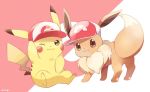  ;3 arm_up baseball_cap closed_mouth commentary eevee english_commentary full_body gen_1_pokemon hand_on_headwear hat looking_at_viewer looking_to_the_side mei_(maysroom) no_humans pikachu pink_background pokemon pokemon_(creature) pokemon_(game) pokemon_lgpe red_hat signature white_background white_hat 