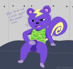  animal_crossing bed clothed clothing dialogue fur male mammal masturbation nintendo penis purple_fur roccorox rodent solo squirrel static_(animal_crossing) video_games 
