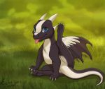  2018 blue_eyes claws digital_media_(artwork) dragon feral grass kodardragon membranous_wings scalie sitting smile solo tongue western_dragon wings 