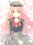  aqua_eyes arm_behind_back beret cherry_blossoms closed_mouth commentary darling_in_the_franxx eyebrows_visible_through_hair hat long_hair looking_at_viewer o_hamachi petals pink_hair ribbon smile solo twitter_username uniform white_beret white_hat white_ribbon zero_two_(darling_in_the_franxx) 