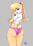  2018 4_fingers anthro blonde_hair blue_eyes buckteeth butt clothed clothing colored_nails diasfox female fur grey_background hair lagomorph legs_together lola_bunny looking_at_viewer looney_tunes mammal midriff open_mouth panties rabbit shirt short_hair simple_background solo standing teeth tongue underwear warner_brothers 