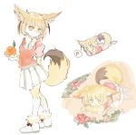  animal_ear_fluff animal_ears blonde_hair bow bowtie commentary_request elbow_gloves fennec_(kemono_friends) flower food fox_ears fox_tail fruit full_body fur_collar fur_trim gloves kemono_friends konabetate lying multiple_views musical_note on_stomach orange pale_color pleated_skirt puffy_short_sleeves puffy_sleeves short_hair short_sleeves simple_background skirt standing tail thighhighs white_background 