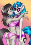  2017 5_fingers anthro bikini black_hair blue_hair blush bow bra breasts bumblebun butt butt_grab clothed clothing cutie_mark dock duo earth_pony embrace equine eyebrows eyebrows_visible_through_hair eyelashes eyewear female female/female friendship_is_magic fully_clothed gradient_background grope hair half-closed_eyes hand_on_butt hi_res horn horse long_hair looking_back mammal multicolored_hair my_little_pony navel octavia_(mlp) pony portrait purple_eyes short_hair shorts simple_background smile standing sunglasses swimsuit teeth thick_thighs three-quarter_portrait two_tone_hair underwear unicorn vinyl_scratch_(mlp) 