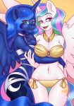  2017 5_fingers anthro bedroom_eyes big_breasts bikini blue_feathers breasts bumblebun butt cleavage clothed clothing cosmic_hair cutie_mark duo embrace equine eyebrows eyelashes feathered_wings feathers female friendship_is_magic fully_clothed gradient_background hair half-closed_eyes hi_res horn looking_st_viewer mammal multicolored_hair my_little_pony navel one-piece_swimsuit open_mouth open_smile portrait presenting princess_celestia_(mlp) princess_luna_(mlp) purple_eyes rainbow_hair seductive sibling simple_background sisters smile standing swimsuit teal_eyes teeth thick_thighs thigh_gap three-quarter_portrait tongue white_feathers winged_unicorn wings 