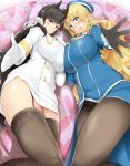  atago_(azur_lane) atago_(kantai_collection) azur_lane bed black_hair blonde_hair blue_eyes blush breast_press breasts brown_hair closed_mouth commentary_request crossover garter_straps gloves heart highres huge_breasts kantai_collection looking_at_viewer military military_uniform miniskirt mizuyan multiple_girls namesake on_bed open_mouth pantyhose pencil_skirt skirt smile symmetrical_docking take_your_pick thighhighs thighs uniform 