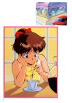  80s absurdres arm_support black_eyes brown_hair coffee coffee_mug counter cream_lemon cup hair_ribbon hand_on_own_cheek high_ponytail highres holding holding_spoon long_hair mug official_art oldschool page_number restaurant ribbon scan sleeveless solo spoon teacup 