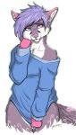  2016 anthro blue_eyes bottomless canine chest_tuft clothed clothing cute eyebrows eyelashes female fox fur grabbing_clothes hair heterochromia inner_ear_fluff mammal multicolored_fur pink_ears pink_eyes pink_fur pink_nose purple_ears purple_fur purple_hair purple_tail signature simple_background solo sweater tuft white_background white_fur yoko_darkpaw 