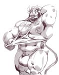  2017 abs anthro armpit_hair balls beard biceps big_balls bottomless bovine cattle clothed clothing facial_hair facial_piercing flaccid horn_ring looking_at_viewer male mammal muscular muscular_male navel nipple_piercing nipples nose_piercing nose_ring pecs penis piercing shirt slightly_chubby small_penis smile solo tank_top taoren tattoo 
