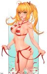  :d absurdres ahoge artist_name ass bangs bikini blonde_hair blush bracelet breasts choney cleavage commentary contrapposto covered_nipples cowboy_shot criss-cross_halter eyebrows_visible_through_hair fate/grand_order fate_(series) from_side gradient gradient_background green_eyes hair_intakes halterneck highres jewelry long_hair looking_at_viewer medium_breasts navel nero_claudius_(fate)_(all) nero_claudius_(swimsuit_caster)_(fate) open_mouth outside_border petals shiny shiny_skin side-tie_bikini sidelocks simple_background smile standing striped striped_bikini swimsuit thighs twintails twisted_torso wading 