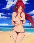  areola_slip areolae bare_shoulders beach bikini blazblue blush braid breasts cloud commentary covering covering_breasts day groin highres izayoi_(blazblue) long_hair navel ponytail red_eyes red_hair sky solo swimsuit tusia wardrobe_malfunction wet 