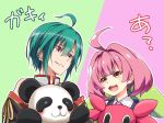  ahoge androgynous azuchi_momo bangs bow chinese_clothes collared_shirt detached_sleeves ear_piercing fang fujita_758634 green_bow green_hair hair_bow highres holding holding_stuffed_animal looking_at_another nijisanji piercing pink_hair purple_eyes ryuushen shirt short_hair shoulders smirk stuffed_animal stuffed_crab stuffed_panda stuffed_toy virtual_youtuber yellow_eyes 