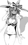 absurdres animal_ear_fluff animal_ears bangs bikini bird blue_bikini blush bracelet breasts collarbone eyebrows_visible_through_hair fate/grand_order fate_(series) fox_ears fox_tail greyscale hair_between_eyes highres jewelry large_breasts looking_at_viewer menea monochrome navel necklace side-tie_bikini smile solo standing swimsuit tail tamamo_(fate)_(all) tamamo_no_mae_(swimsuit_lancer)_(fate) thighs v-shaped_eyebrows w water 
