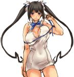  arm_ribbon black_hair blue_eyes blue_ribbon breasts cleavage cleavage_cutout commentary_request covered_navel dress dungeon_ni_deai_wo_motomeru_no_wa_machigatteiru_darou_ka ei_(fran3bon) hair_ribbon hestia_(danmachi) large_breasts long_hair rei_no_himo ribbon short_dress sleeveless sleeveless_dress solo twintails white_dress 