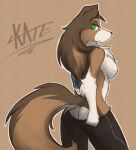  2018 anthro breasts brown_fur brown_hair butt_pose canine clothed clothing clothing_lift dog featureless_breasts female fur green_eyes hair infinitedge2u mammal simple_background smile solo topless 