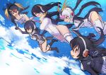  :d black_footwear black_hair blonde_hair blue_sky boots breasts cleavage cloud commentary_request drawstring emperor_penguin_(kemono_friends) eyebrows_visible_through_hair falling gentoo_penguin_(kemono_friends) guchico hair_between_eyes hair_over_one_eye headphones highleg highleg_leotard holding_hands hood hoodie humboldt_penguin_(kemono_friends) impossible_clothes impossible_leotard kemono_friends leotard long_hair multicolored_hair multiple_girls open_mouth orange_hair penguin_tail penguins_performance_project_(kemono_friends) pink_footwear pink_hair red_eyes red_hair rockhopper_penguin_(kemono_friends) royal_penguin_(kemono_friends) sketch sky smile streaked_hair tail turtleneck white_hair 