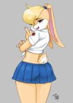  2018 4_fingers anthro blonde_hair blue_eyes buckteeth butt clothed clothing colored_nails diasfox female fully_clothed fur grey_background hair lagomorph legs_together lola_bunny looking_at_viewer looney_tunes mammal midriff miniskirt open_mouth rabbit shirt short_hair simple_background skirt solo standing teeth tongue warner_brothers 