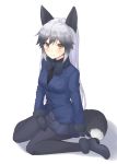  animal_ears ankle_boots bangs black_footwear black_gloves black_legwear black_neckwear black_shirt blue_jacket boots bow bowtie closed_mouth commentary_request dress_shirt fox_ears fox_tail full_body fur-trimmed_boots fur-trimmed_sleeves fur_trim gloves gradient_hair grey_hair jacket kemono_friends long_hair long_sleeves looking_at_viewer multicolored_hair pantyhose shadow shirt silver_fox_(kemono_friends) silver_hair simple_background sitting smile solo tail uro wariza white_background 