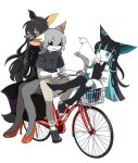  1boy 2girls artist_request black_hair blindfold boots brown_eyes bycicle cat dog furry grey_hair long_hair multiple_girls sitting teal_eyes two-tone_hair 