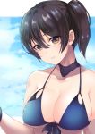  absurdres alternate_costume bangs bikini black_hair blue_bikini blue_choker blue_sky blush breasts brown_eyes choker cleavage cloud collarbone commentary commentary_request dyson_(edaokunnsaikouya) eyebrows_visible_through_hair front-tie_bikini front-tie_top hair_between_eyes head_tilt highres kaga_(kantai_collection) kantai_collection large_breasts long_hair parted_lips partial_commentary side_ponytail sidelocks sky smile solo swimsuit upper_body wristband 