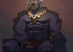  abs anthro armor blue_eyes bovine bracers cattle chair clothing ear_piercing facial_piercing horn jewelry loincloth looking_down male mammal muscular necklace nesskain nose_piercing nose_ring piercing ring sitting smile solo 