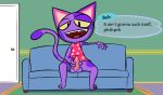  animal_crossing biped bob_(animal_crossing) bottomless cat clothed clothing dripping feline front_view full-length_portrait fur looking_at_viewer male mammal markings masturbation nintendo penis portrait precum precum_drip purple_fur sitting slim smile sofa solo spread_legs spreading tapering_penis teeth text tongue video_games 