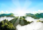  blue_sky cloud commentary_request day fog forest highres light_rays mononoke_hime nature no_humans outdoors scenery sky sun 