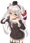  amatsukaze_(kantai_collection) bangs black_choker black_dress black_hairband black_hat blush brown_eyes choker collarbone commentary_request cowboy_shot dress embarrassed eyebrows_visible_through_hair flying_sweatdrops garter_straps gloves grey_neckwear hair_between_eyes hair_tubes hairband hat kantai_collection leaning_forward lifebuoy long_hair looking_at_viewer mini_hat neckerchief open_mouth pointing pointing_at_self sailor_dress short_dress silver_hair simple_background single_glove smile solo standing sweatdrop two_side_up uro white_background windsock 