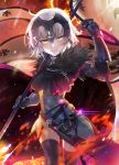  ahoge armor armored_dress bangs black_armor black_dress black_legwear breasts chain collar commentary_request dress embers fate/grand_order fate_(series) faulds fire flag fur_trim gauntlets grin hair_between_eyes hand_up headpiece highres jeanne_d'arc_(alter)_(fate) jeanne_d'arc_(fate)_(all) large_breasts light_particles looking_at_viewer metal_collar pale_skin plackart seicoh sheath short_hair silver_hair smile solo sword thighs vambraces weapon yellow_eyes 