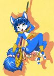  2018 anthro black_nose blue_fur blue_hair blush canine clothing female footwear fox fur hair hair_ornament hairband hi_res jewelry krystal mammal markings michiyoshi necklace nintendo pose sandals short_hair shoulder_pads solo staff star_fox tailband tribal tribal_markings video_games weapon white_fur 