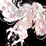  ankleband ass black_background blonde_hair cape chino_machiko closed_eyes eye_contact flower from_side grey_hair long_hair looking_at_another multiple_girls original pink_flower pink_rose rose sparkle thighhighs tongue tongue_out very_long_hair white_cape white_legwear yuri 