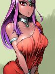  armlet blush breasts circlet cleavage collarbone dark_skin dragon_quest dragon_quest_iv eyelashes gem green_background highres jewelry large_breasts long_hair minea misonou_hirokichi neck_ring parted_lips purple_hair red_eyes sidelocks single_bare_shoulder solo straight_hair sweat v_arms 