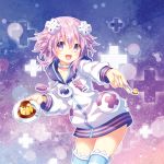 :d choker d-pad d-pad_hair_ornament food hair_between_eyes hair_ornament holding holding_spoon hood hooded_jacket jacket leaning_forward looking_at_viewer narinn neptune_(choujigen_game_neptune) neptune_(series) open_mouth pudding purple_eyes purple_hair short_hair smile solo spoon striped striped_legwear thighhighs 