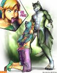  anthro balls bitfang blonde_hair breath_of_the_wild canine clothed clothing crossdressing duo erection fellatio girly hair humanoid hylian link link_(wolf_form) male male/male mammal nintendo nipples nude open_mouth oral partially_retracted_foreskin penis sex sucking the_legend_of_zelda twilight_princess uncut video_games 