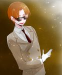  brown_background fate_(series) formal gloves gradient gradient_background hair_intakes koha-ace male_focus maxwell's_demon_(fate) necktie open_mouth orange_hair red_neckwear smile solo souta_(souta3a) suit sunglasses upper_body white_gloves 