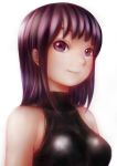  bangs bare_shoulders breasts closed_mouth commentary_request highres long_hair looking_at_viewer medium_breasts original pink_x purple_eyes purple_hair simple_background smile solo upper_body white_background 